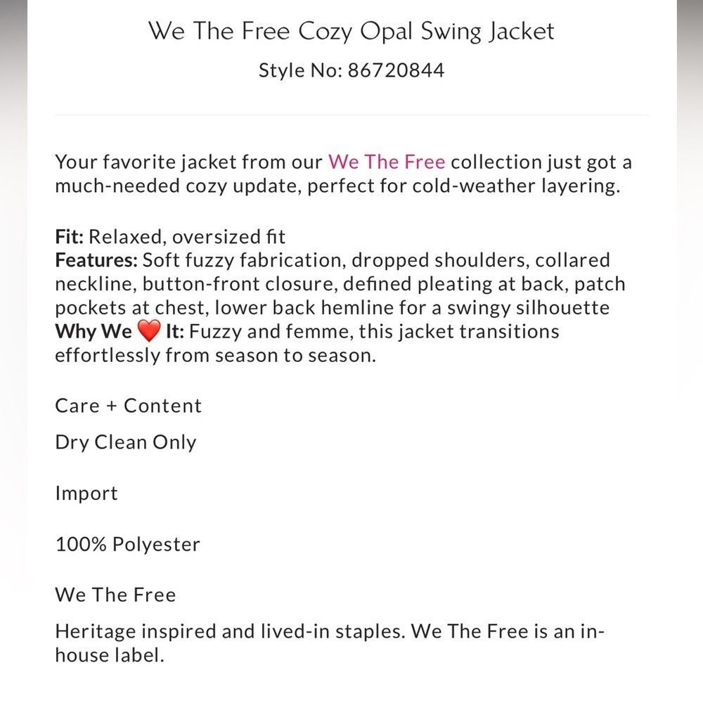 Free People We the Free Cozy Opal Swing Jacket in Pink NWOT - Picture 6 of 7